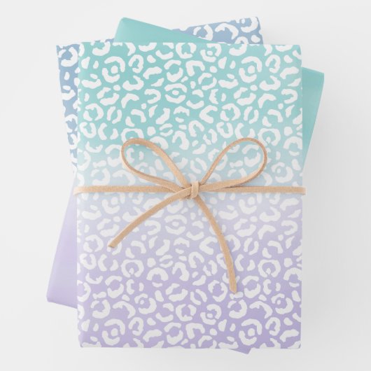 アクアパープルグラデーションウォーターカラーレオパード印刷 ラッピングペーパーシート (インサイチュ)