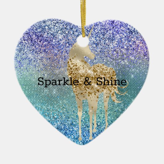 アクアパープルグリッタースパルクル金ゴールドユニコーン セラミックオーナメント (正面)