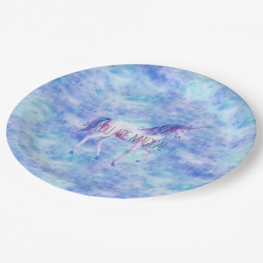 アクアパープルホワイトユニコーン誕生日 ペーパープレート (アングル)