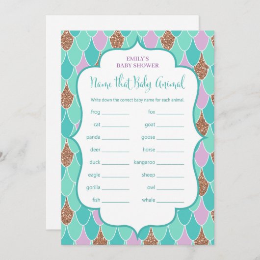 アクアパープルマーメイドベビーシャワーゲーム招待状 招待状 (正面/裏面)