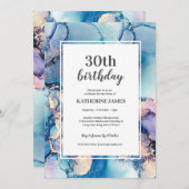 アクアパープル金ゴールド誕生日パーティーへの招待 招待状 (正面/裏面)