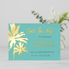 アクアパームツリーズビーチ結婚式日付金ゴールドの保存 箔招待状