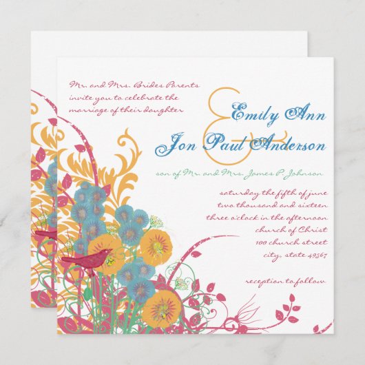 アクアビーズワックスラズベリーワイルドフラワーバード結婚ズ 招待状 (正面/裏面)