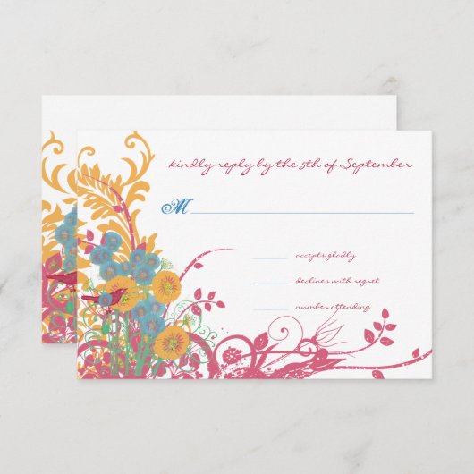 アクアビーズワックスラズベリーワイルドフラワーバード結婚ズ 招待状 (正面/裏面)