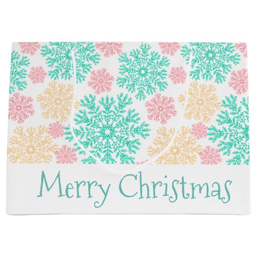 アクアピンクと金ゴールドの雪片クリスマス ラージペーパーバッグ (正面)