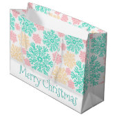 アクアピンクと金ゴールドの雪片クリスマス ラージペーパーバッグ (正面アングル)