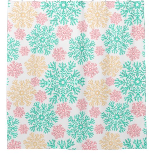 アクアピンクと金ゴールドの雪片パターン シャワーカーテン (正面)