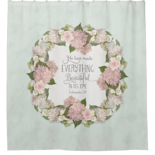 アクアピンクアジサイ聖なる書物、 経典図解入りの、写真付きの信仰 シャワーカーテン (正面)