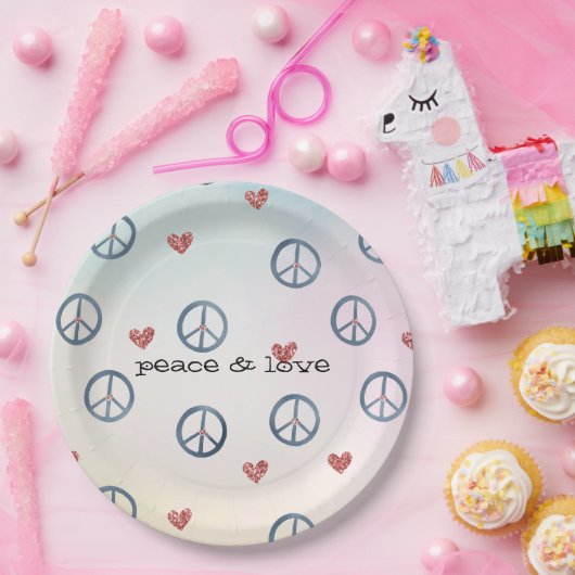 アクアピンクイエロー絞り染めピースサインとハート ペーパープレート (パーティー)