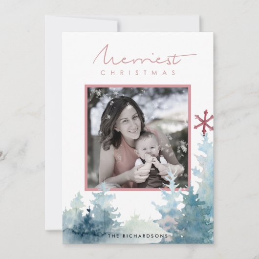 アクアピンクパインツリースノーオーバーレイ写真クリスマス シーズンカード (正面)