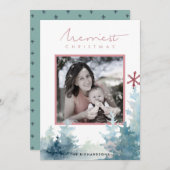 アクアピンクパインツリースノーオーバーレイ写真クリスマス シーズンカード (正面/裏面)