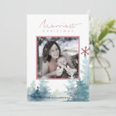 アクアピンクパインツリースノーオーバーレイ写真クリスマス シーズンカード (スタンド正面)