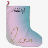 アクアピンク絞り染めグラデーション金ゴールドグリッターラブ ラージクリスマスストッキング (正面)