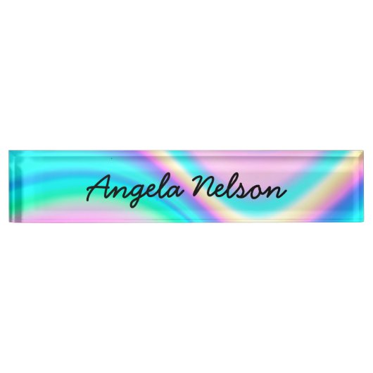 アクアピンク虹色レインボーウェーブ デスクネームプレート (正面)
