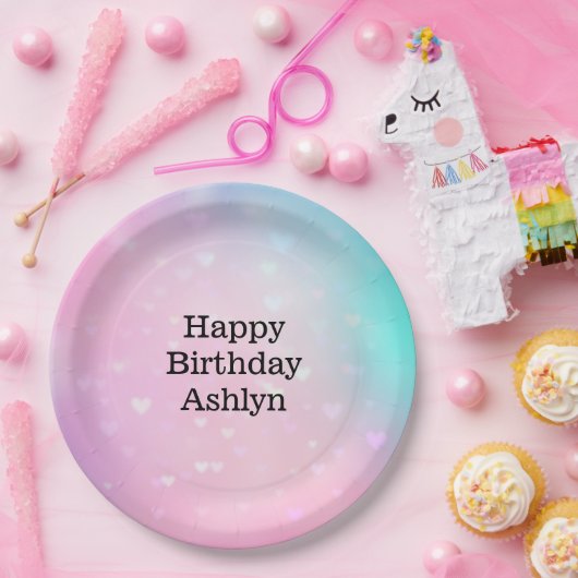 アクアピンク《写真》ぼけ味ハート誕生日 ペーパープレート (パーティー)