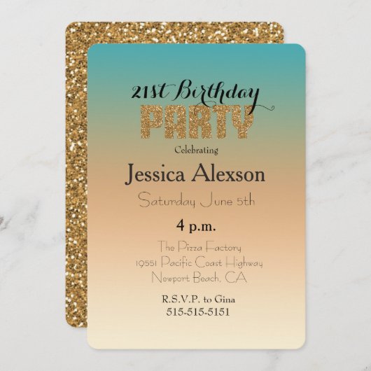 アクアピーチサンセットグラデーション金ゴールドグリッター 招待状 (正面/裏面)