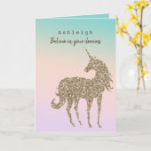 アクアピーチパープルピンク絞り染めグリッターユニコーン カード (黄色い花)