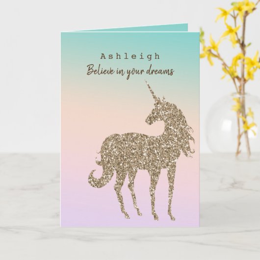 アクアピーチパープルピンク絞り染めグリッターユニコーン カード (黄色い花)