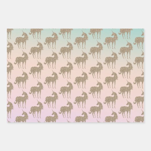 アクアピーチパープルピンク絞り染めグリッターユニコーン ラッピングペーパーシート (正面2)