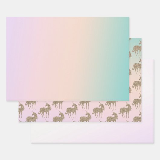 アクアピーチパープルピンク絞り染めグリッターユニコーン ラッピングペーパーシート (セット)