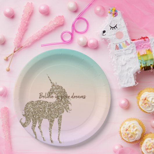 アクアピーチパープルピンク絞り染めユニコーン ペーパープレート (パーティー)