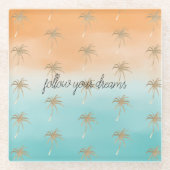 アクアピーチ金ゴールドトロピカルパームツリーズグラデーション ガラスコースター (正面)