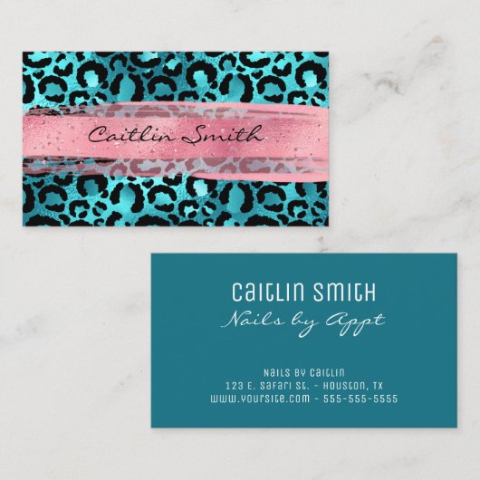 アクアフェイクブルーフォイルレオパードピンクブラシストローク 名刺 (正面/裏面)