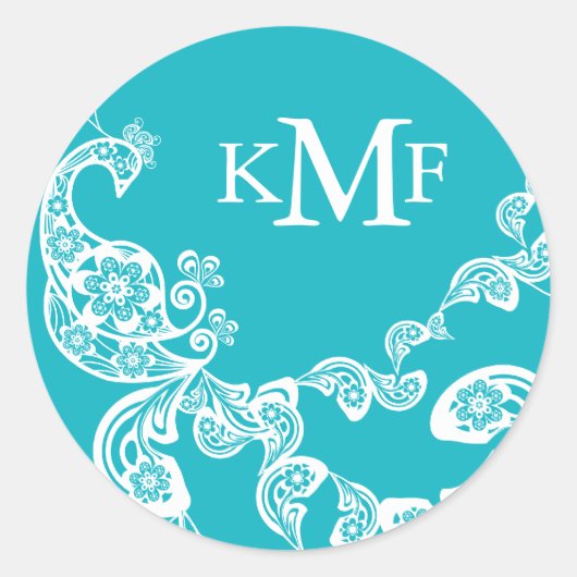 アクアフローラペイズリーホワイトピーコック結婚式の引き出物 ラウンドシール (正面)