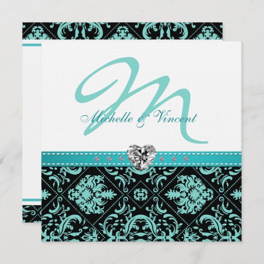 アクアブエレガントルー/ブラックダマスクモノグラム招待状 招待状 (正面/裏面)
