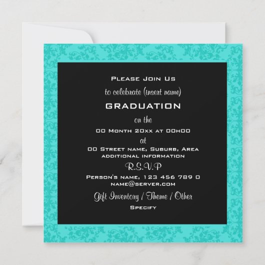 アクアブラックの卒業ダマスクテンプレートPERSONALIZE 招待状 (裏面)