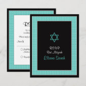 アクアブラックミニ水玉模様バルミツワーRSVPカード 出欠カード (正面/裏面)