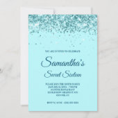 アクアブルーおよびティール(緑がかった色)グリッターSweet sixteen 招待状 (正面)