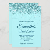 アクアブルーおよびティール(緑がかった色)グリッターSweet sixteen 招待状 (正面/裏面)