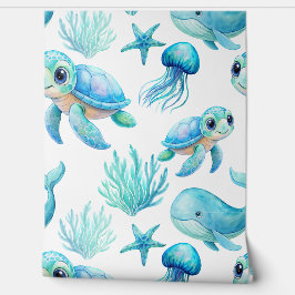 アクアブルーかわいいウミガメの生き物子供部屋アート 壁紙