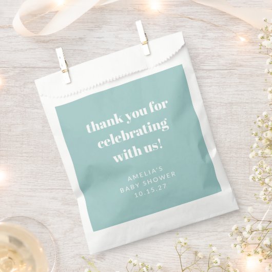 アクアブルーかわいいカスタムベイビーシャワーありがとう フェイバーバッグ (クリップ留めされた状態)