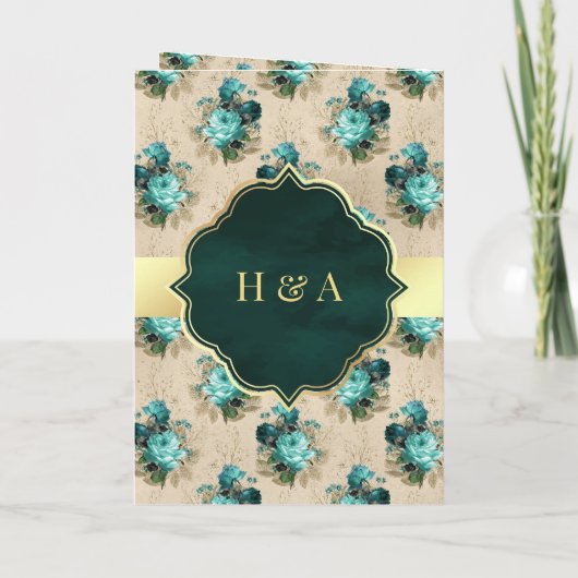 アクアブルーとエメラルドグリーンフローラムスリム結婚ズ 招待状 (裏面)