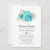 アクアブルーとゴールドの花柄バーチャルシャワー 招待状 (正面)