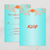 アクアブルーとタンジェリンのオレンジ色の結婚式RSVP 出欠カード (正面/裏面)