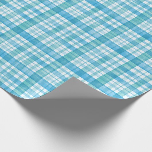 アクアブルーとティール（緑がかった色）水彩タータンチェックチェック済み格子状 ラッピングペーパー (角)