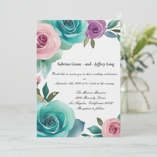 アクアブルーとピンクウォーターカラーフローラバラ結婚ズ 招待状 (スタンド正面)