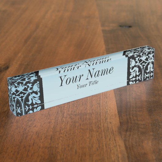 アクアブルーとブラックのダマスクパターン| DIY文字 デスクネームプレート (側面)