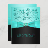 アクアブルーとブラックの花柄の返信カード PRINTED RIBBON Aqua, Black Fl 出欠カード (正面/裏面)