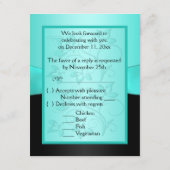 アクアブルーとブラックの花柄の返信カード PRINTED RIBBON Aqua, Black Fl 出欠カード (裏面)