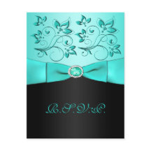 アクアブルーとブラックの花柄の返信カード PRINTED RIBBON Aqua, Black Fl