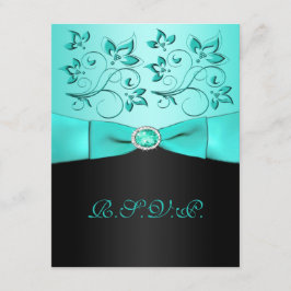 アクアブルーとブラックの花柄の返信カード PRINTED RIBBON Aqua, Black Fl 出欠カード