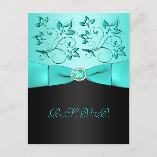 アクアブルーとブラックの花柄の返信カード PRINTED RIBBON Aqua, Black Fl 出欠カード (正面)