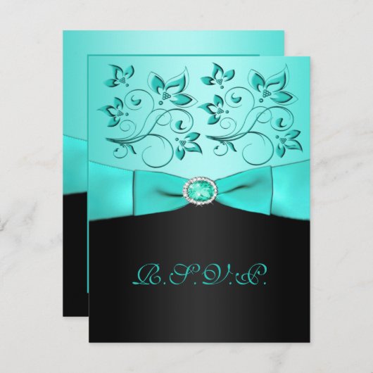 アクアブルーとブラックの花柄の返信カード PRINTED RIBBON Aqua, Black Fl 出欠カード (正面/裏面)