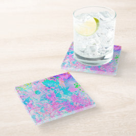 アクアブルーとホットピンクアジサイの風景 ガラスコースター