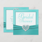アクアブルーとホワイトのジュエルハート ブライダルシャワー招待状 招待状 (正面/裏面)