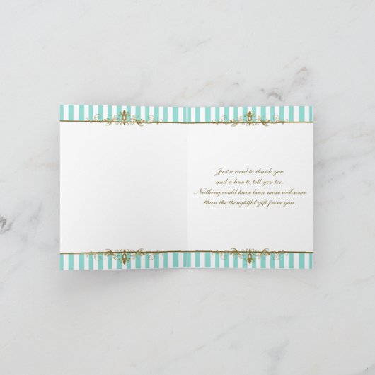 アクアブルーとホワイトのストライプがかった、ゴールドのスクロールデザインの感謝カード サンキューカード (内部)